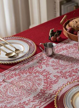 新中式结喜事桌布复古花流苏婚家ITJ用婚礼婚房装茶几长色方红形