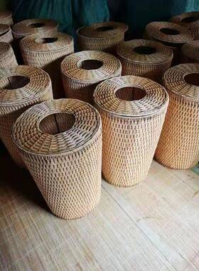 藤织垃圾AWI桶家用客厅室房无卧盖厨压圈立式编中式废纸篓垃圾筒