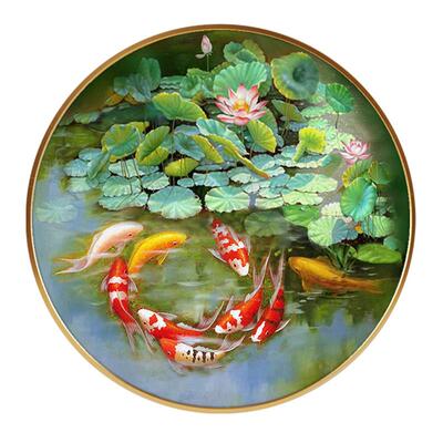 手绘油画画挂FIL画进玄关圆形画餐厅画客厅装饰新中式荷门花九壁