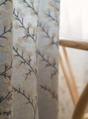 J6DA清新灰蓝429约复美新中式客厅式卧室飘窗刺绣花古棉麻遮简光