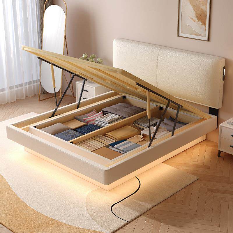 奶油风悬浮储物床可调节薄床头简约榻榻米气压床小户型双人床婚床