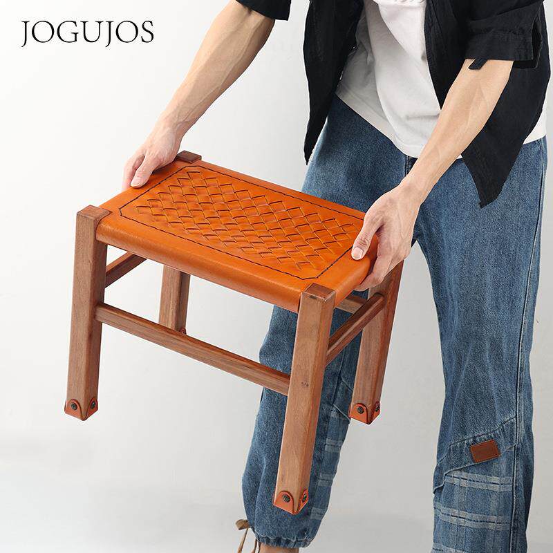 JOGUJOS真皮编织凳子户外郊游野餐四角凳植鞣皮椅子复古小板凳