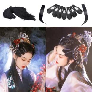 高档[后雨山假发片片刘海抓夹集]古风汉服挽发披发合泡泡须水鬓高