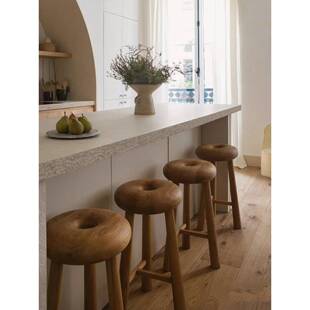 中古风全实木小户型简约吧椅法式 样板间家用高脚椅覆古吧台椅