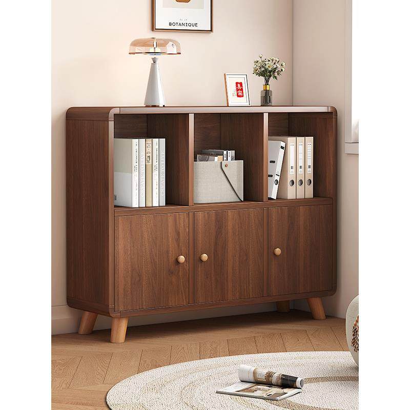 胡桃木色儿童实木书架简约落地书柜学生教室矮柜置物架圆角格子柜