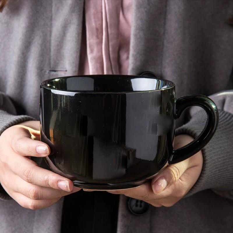 简约黑色陶瓷大容量牛奶杯带把手早餐杯咖啡杯家用陶瓷杯马克杯