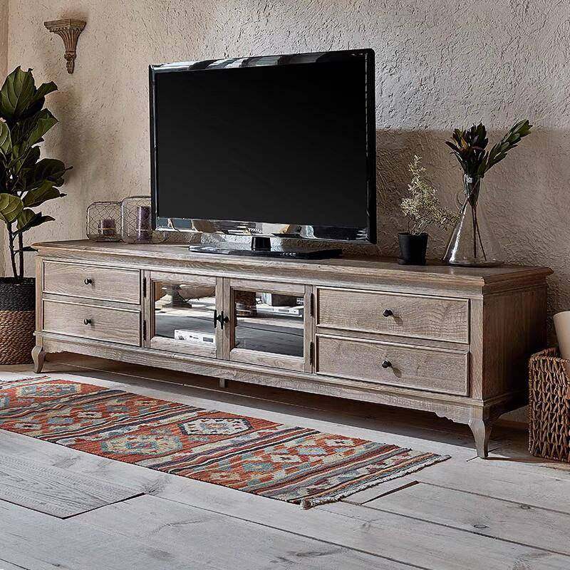 美式实木风化做旧客厅电视柜法式覆古卧室落地储物地柜矮柜影视柜