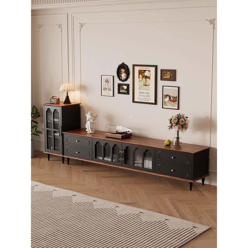 中古风电视柜茶几组合小户型客厅家用法式新款黑色实木复古储物柜