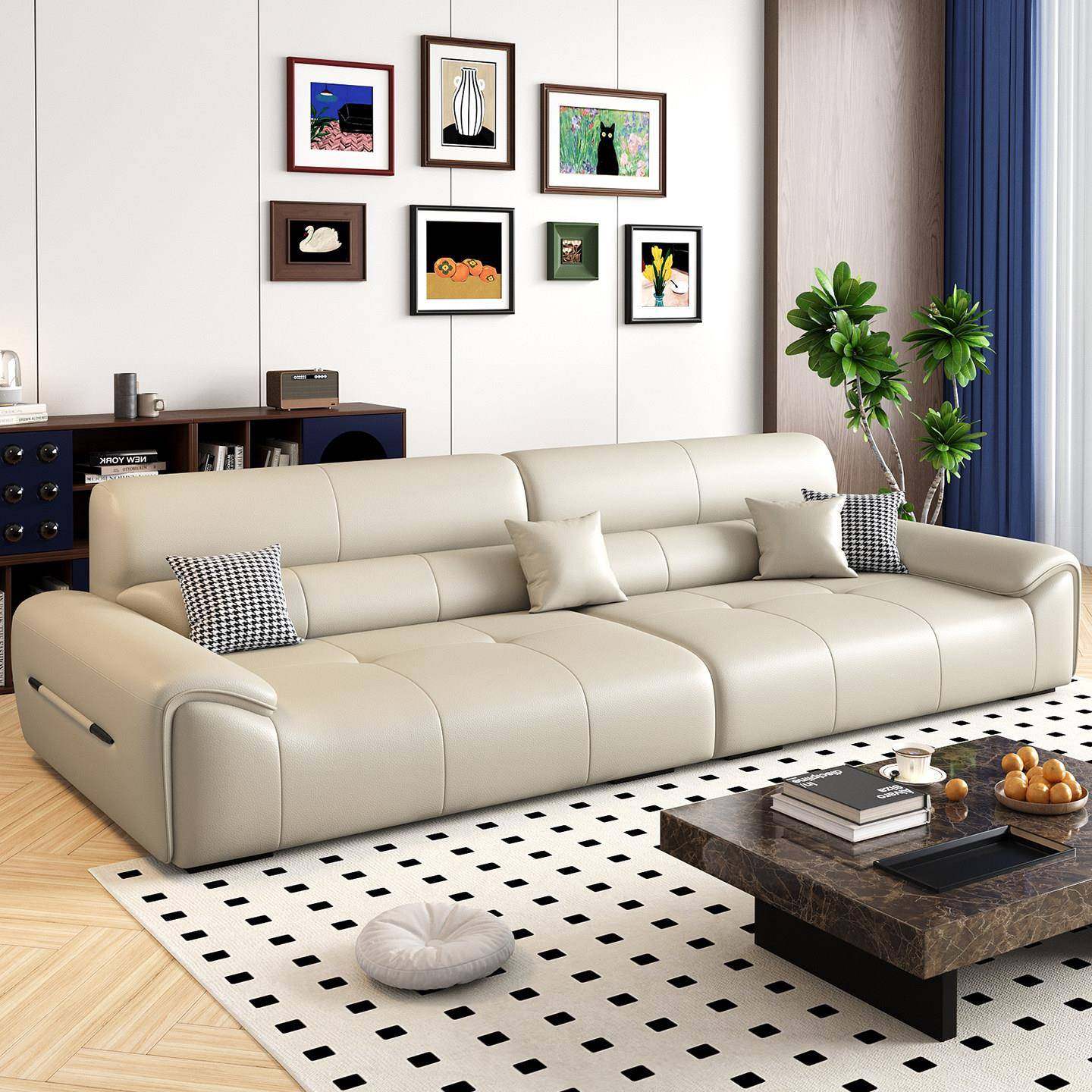 2025年新款客厅真皮沙发直排一字型高端简约现代米色头层牛皮沙发