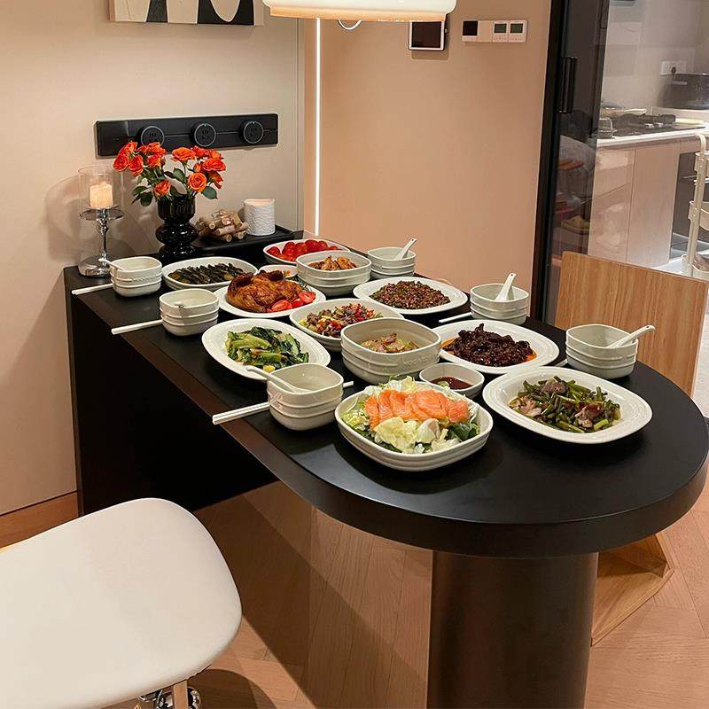 美式纯实木黑色半椭圆靠墙长餐桌书桌一体家用去客厅化原木大桌子