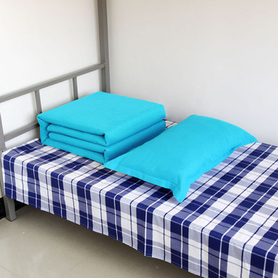 学生宿舍三件套纯棉蓝白格子天湖蓝靠蓝色被罩牀单枕套三件套单人