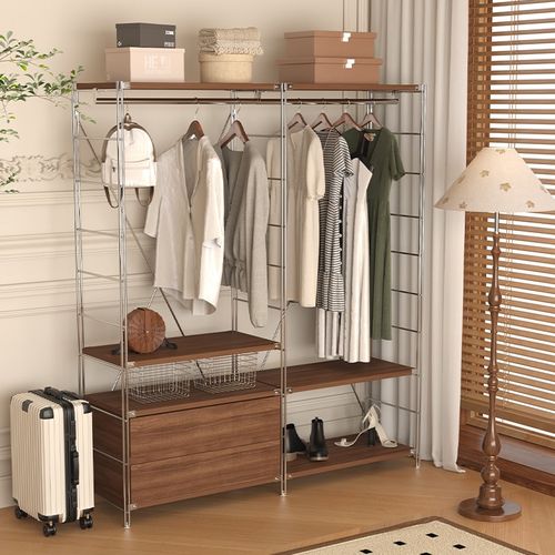 开放式衣架现代风卧室衣柜家用步入式衣帽间架子钢木结合挂衣架