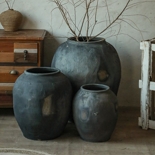 黑色瓮罐禅意陶瓶民宿花瓶侘寂土陶罐花盆大陶缸大号老式瓮缸粗陶