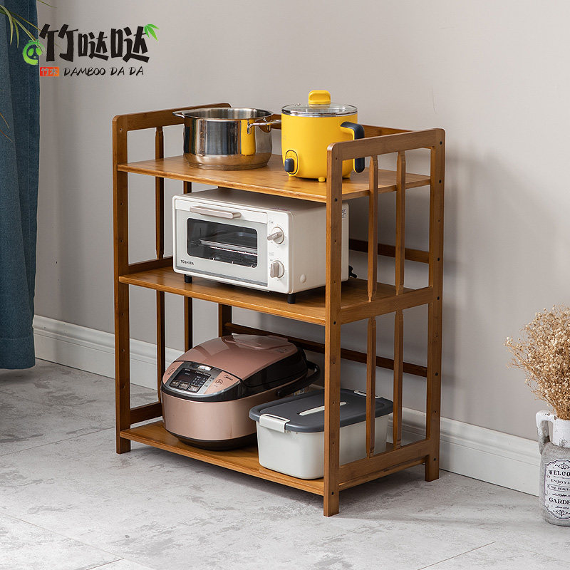 厨房置物架多层落地微波炉架子多功能阳台收纳架实木玩具杂物架竹