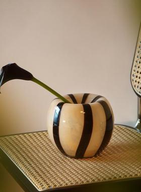 北欧设计感花瓶中古风ins风小众琉璃花瓶黑色条纹高级感插花花器