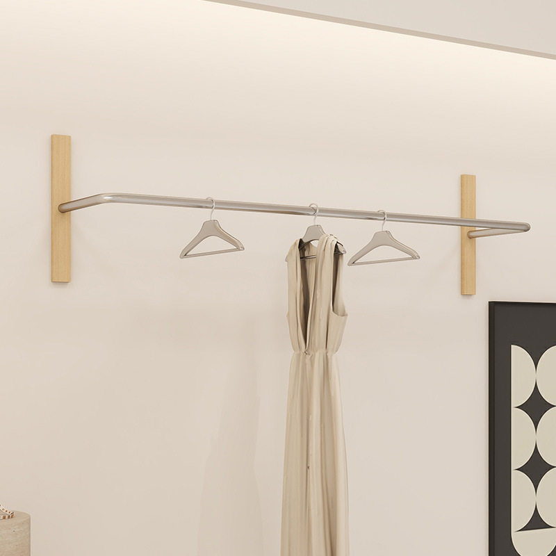 服装店展示架上墙原木色陈列架不锈钢侧挂衣架子女装专用墙上货架