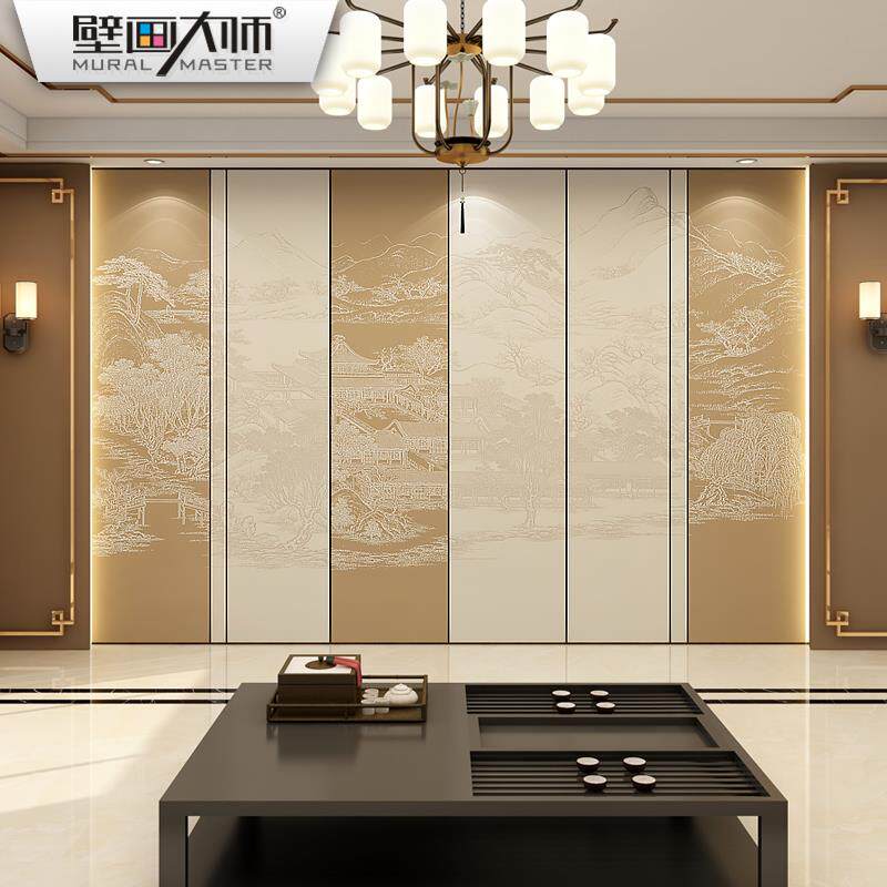 5V轻奢新中式拼色山水壁布电视背景墙壁纸古风客厅卧室沙发影视墙