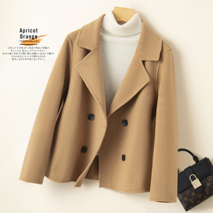 双面羊绒大衣女小个子短款春秋新款高端黑色毛呢外套女西装领赫本