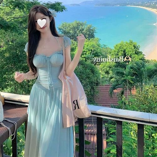 纯欲风网纱吊带连衣裙女夏季2025新款海边度假风包臀鱼尾气质长裙