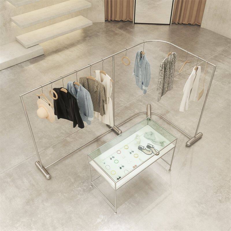 服装店中岛展示台弧形落地式中岛展示台网红不锈钢折叠家用展示架