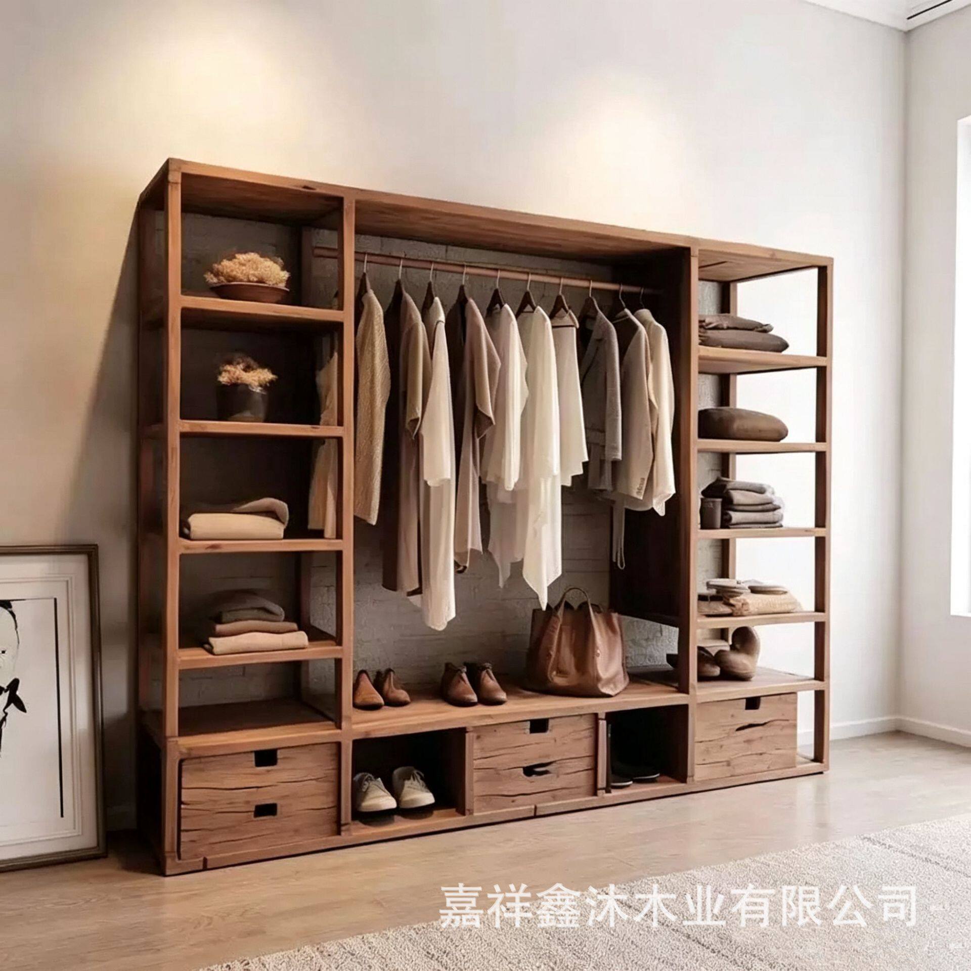 老榆木家用卧室组合柜子现代简约整体实木组合衣柜衣橱鞋柜一体