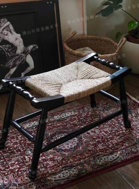 中古草绳小方凳藤编换鞋凳子入户门口玄关小凳子法式黑色床尾凳