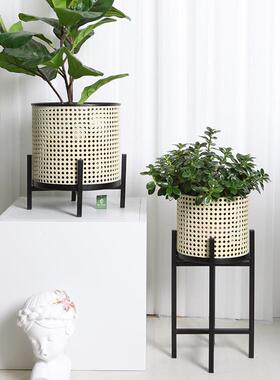 现代简约旁铁艺客厅绿萝落地91342&91空盆铁网电视植物花架fl镂ow