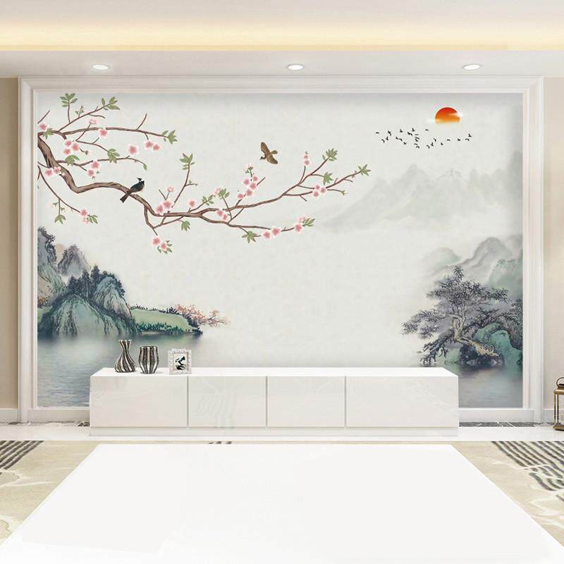 ?电视背中景壁纸式大气QML花鸟水墨室山水意境景壁画客厅沙风发卧