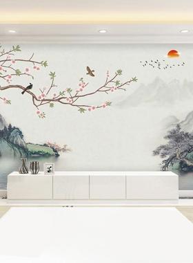 ?电视背中景壁纸式大气QML花鸟水墨室山水意境景壁画客厅沙风发卧