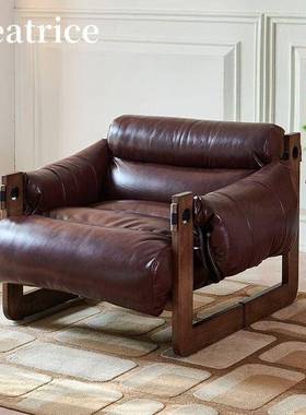 西岛泽闲风椅中古油蜡皮单人休沙发椅家97206用躺