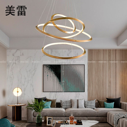 轻奢别墅复式楼客厅大气圆环玫瑰金吊灯 后现代V型餐厅挑高设计灯