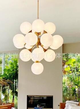 美式设全VC云雾玻厅璃客吊灯法式复古别墅圆球计铜师435卧室餐厅