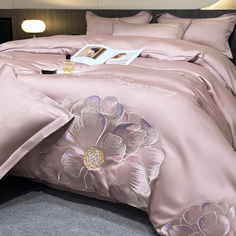 60s莲天丝刺绣MCT四床件套水洗冰丝单丝雪滑被套公床用品主件套