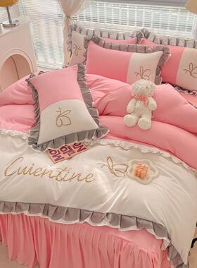 裙软款纯棉四件套柔裸睡床蕾pxx10032丝边被套床上件用品床笠床单