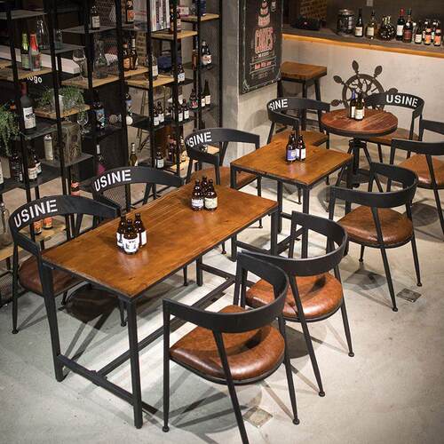 复古工业风实木酒吧奶茶店桌椅组合餐饮咖啡厅铁艺小圆桌长方桌子