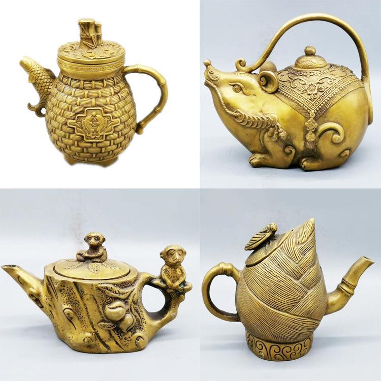 铜老鼠壶功名竹上鱼摆件猴壶家居装饰金属工艺品中式金钱鼠摆件
