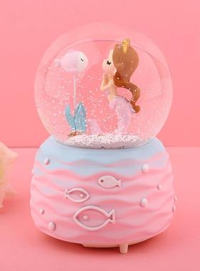 家居人鱼恋水晶球音乐盒发光送女生日情人节礼品摆件雪景特效