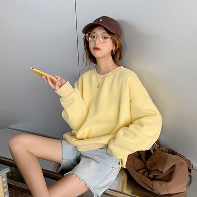 秋冬甜美多巴胺穿搭奶黄色加绒加厚黄色卫衣外套女鹅黄色上衣圆领