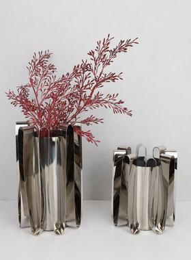 新中式不锈钢金属花器摆件样板房办公室书房客厅餐厅桌面软装饰品