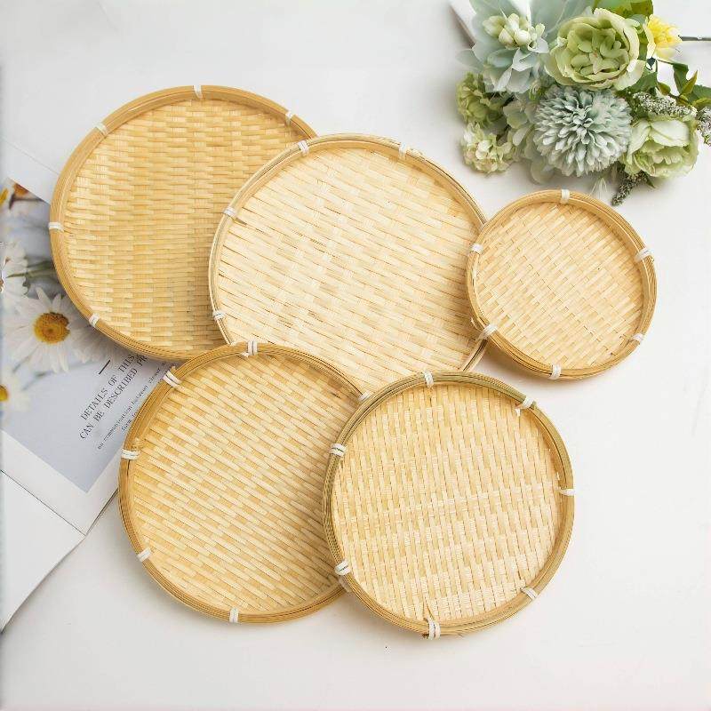 竹编簸箕竹筛子客厅家用收纳筐圆形竹篮子点心托盘竹筲箕婚庆摆盘
