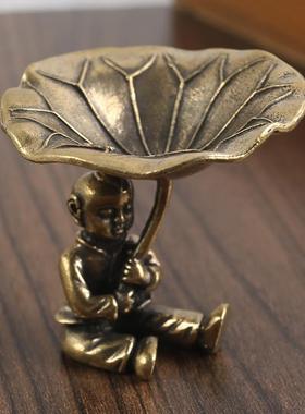 黄铜荷叶童子桌面小摆件荷叶香托仙童举荷叶烛台茶道茶艺托铜制品