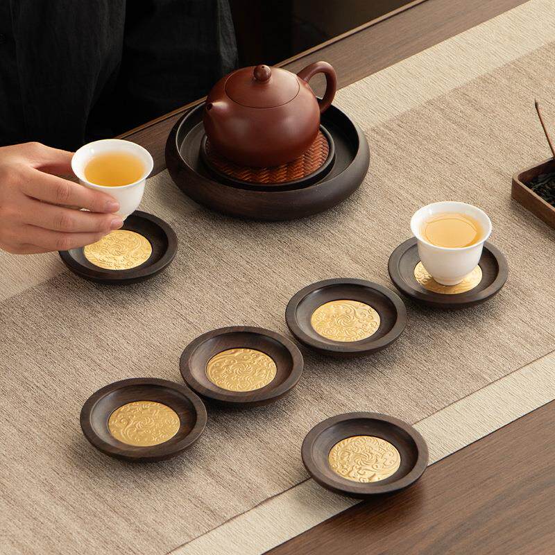 黑檀实木茶垫茶杯纯铜茶杯托家用功夫茶具茶道配件隔热防滑杯子垫