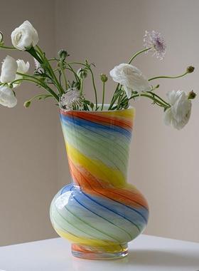 法式中古复古时尚彩色大肚玻璃花瓶大口径氛围感插花器水培鲜花