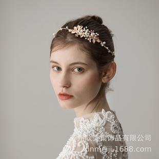 O348甜美珍珠叶片新娘发带 造型拍照饰品 精美钻链结婚配饰