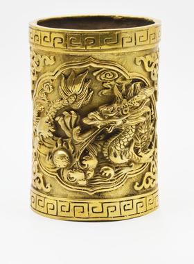 铜黄色小龙双龙戏珠笔筒书房办公桌摆件金属工艺品