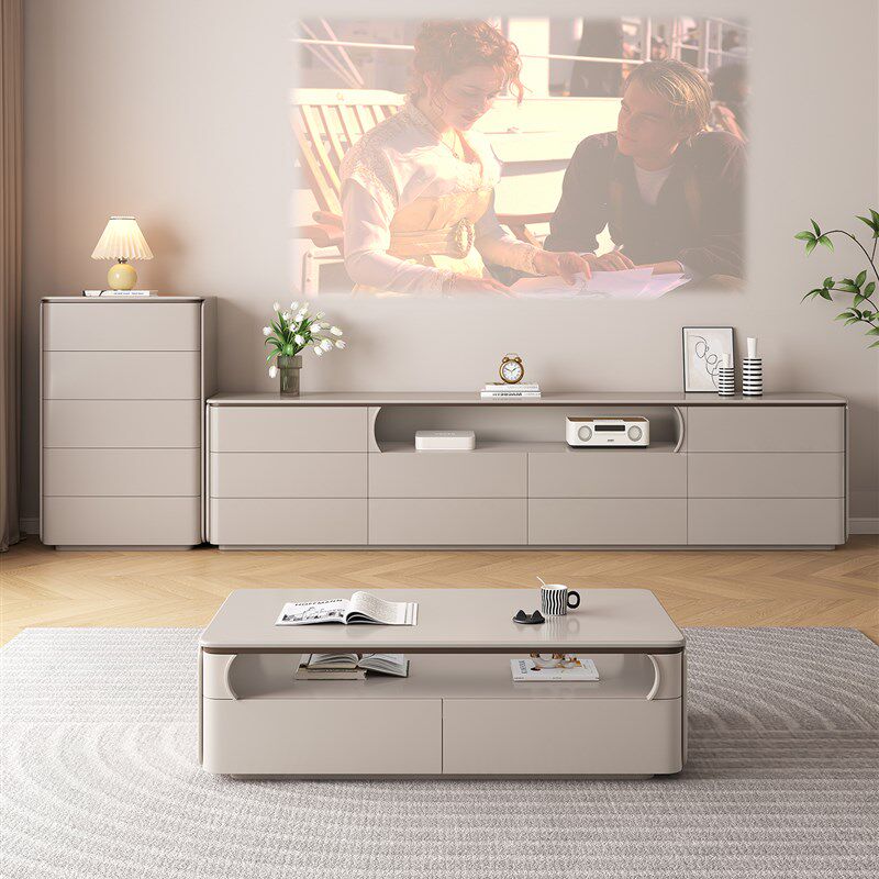 纯实木双层落地电视柜茶几组合现代简约小户型家用客厅高款奶油风