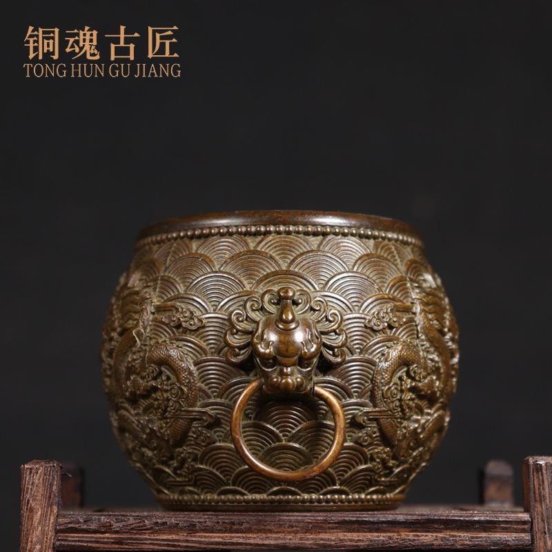 黄铜中式高档复古纯黄铜双龙戏珠狮耳缸铜聚宝盆家居装饰玄关摆件,家居饰品,装饰摆件,淘宝优惠券,粉丝福利购,淘宝优惠卷