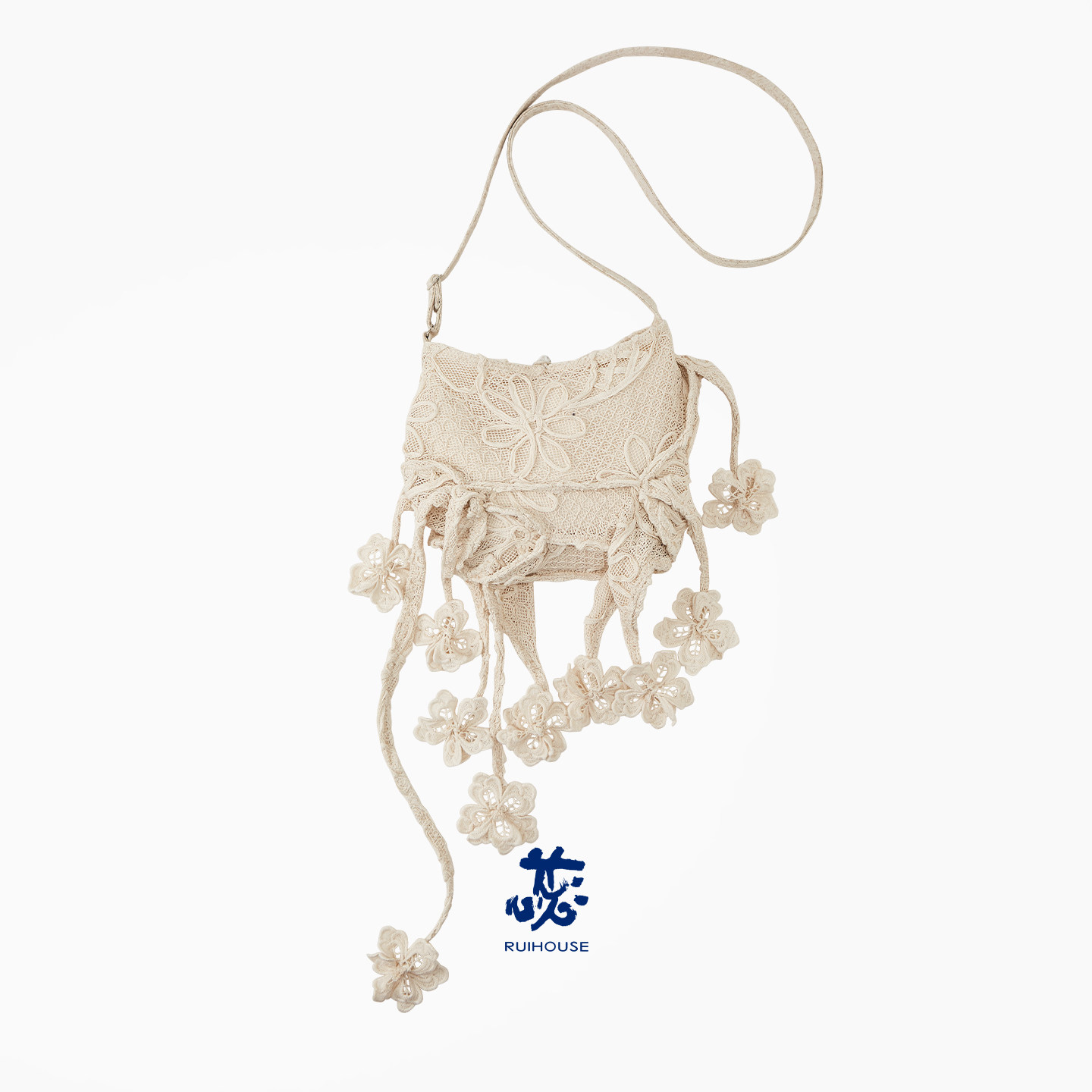 蕊工坊蕾丝花朵流苏单肩包 森系文艺风度假出片 钩织镂空斜挎小包