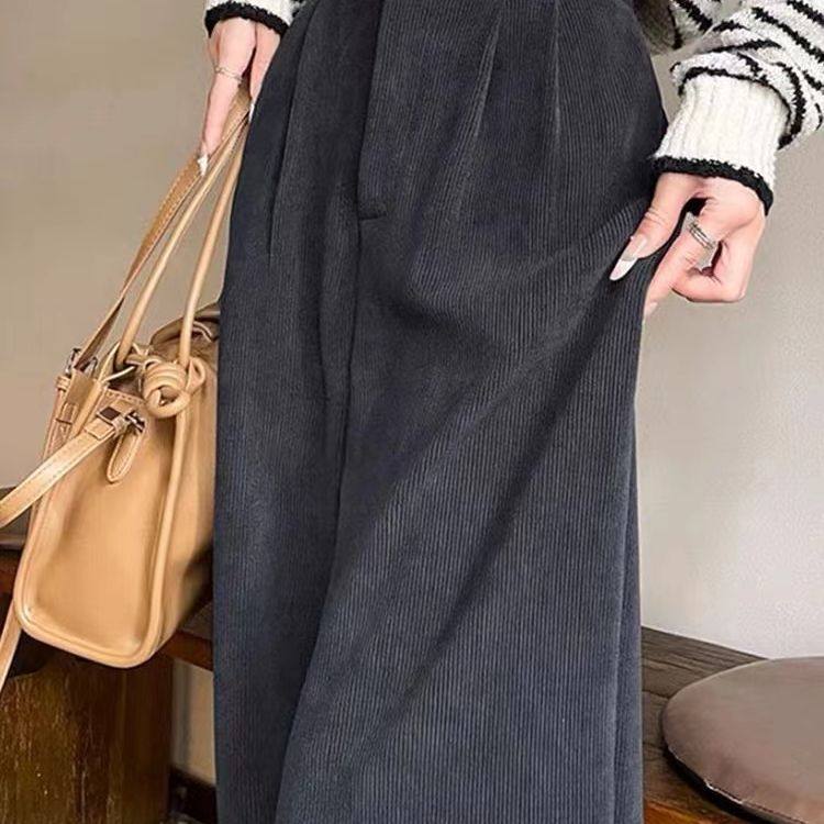黑色雪尼尔加绒阔腿裤女秋冬季2025新款高腰垂感窄版直筒西装裤子