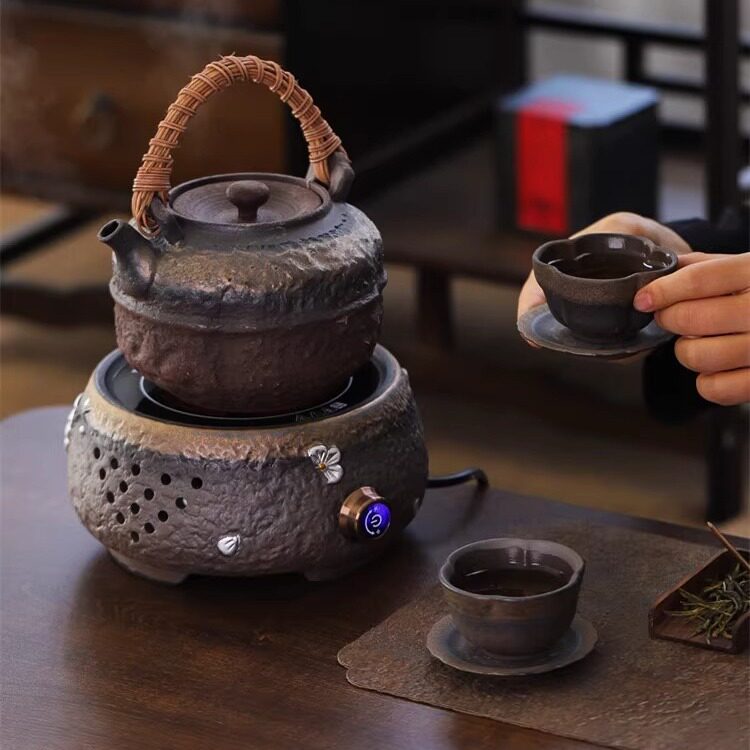 柴烧粗陶电陶炉煮茶壶老岩泥复古泡茶提梁壶煮茶器烧水壶茶具